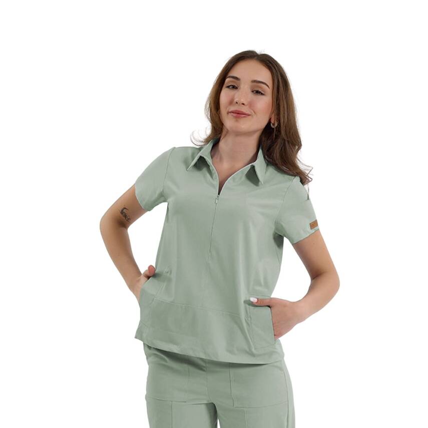 BRLMEDİNİLLA | Tek Üst Yandan Cepli Gizli Fermuar Polo Yaka DoktorHemşire Cerrahi Forma - 14