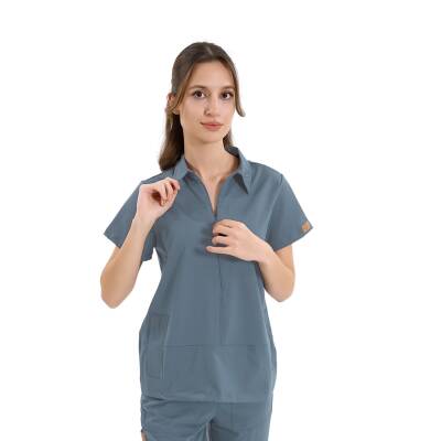 BRLMEDİNİLLA | Tek Üst Yandan Cepli Gizli Fermuar Polo Yaka DoktorHemşire Cerrahi Forma - 21